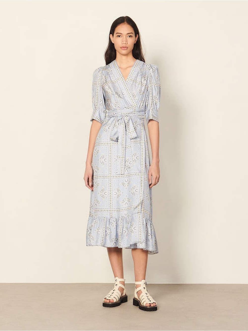 Sandro Silk Light Blue Printed Wrap Midi Dress